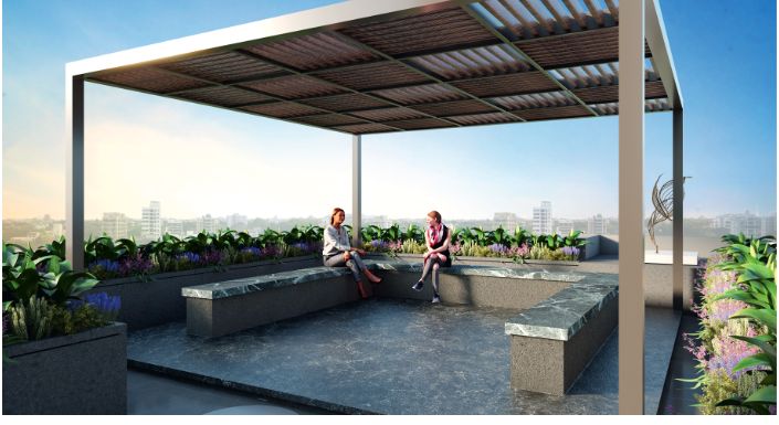 Rooftop pergola seating area at Aryan's Life One