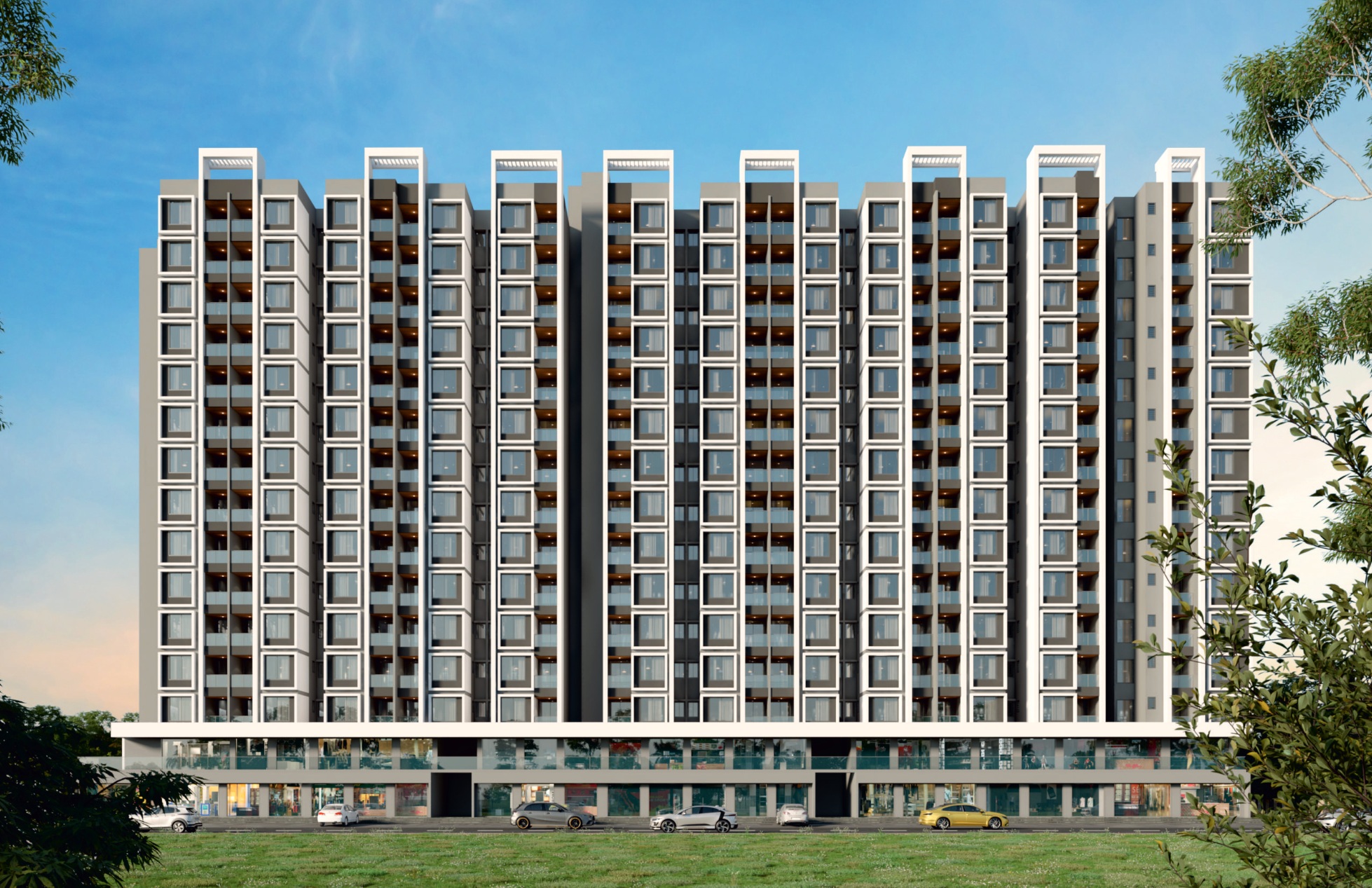Front elevation of Aryan's Life One under construction at Ambad, Nashik